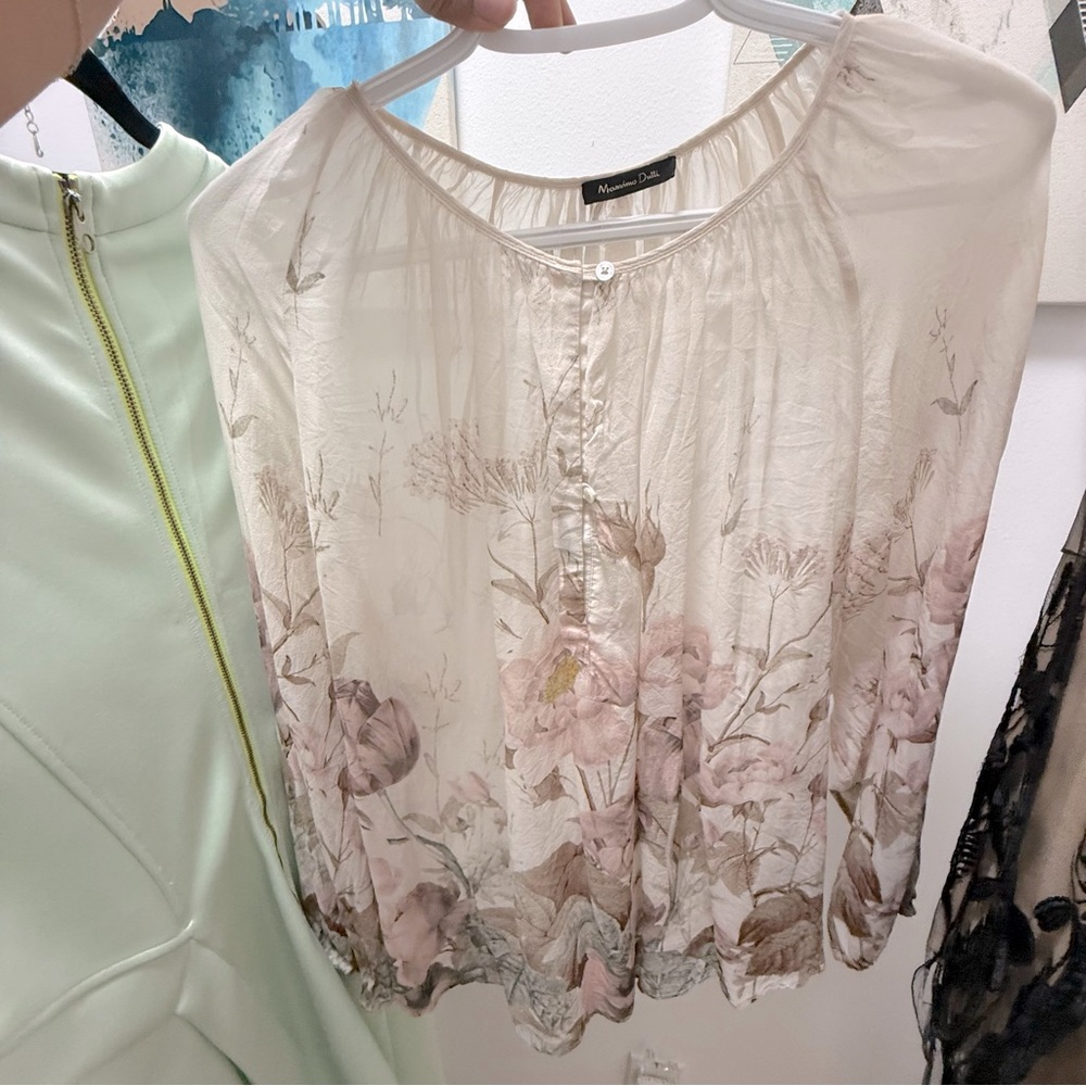 100% Mulberry Silk Massimo Dutti Floral Print Cream Top